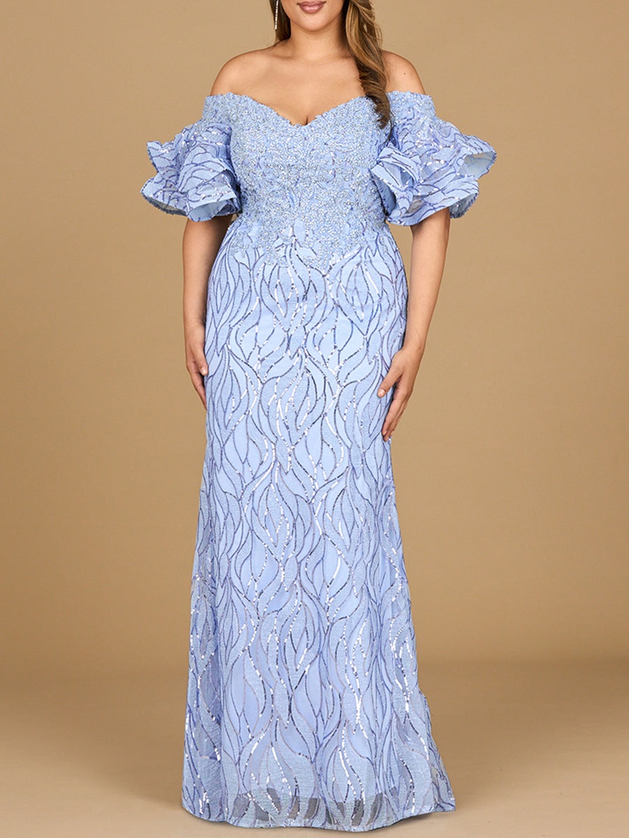 Off Shoulder Mermaid Beaded Gown With Tiered Sleeves | Lara 29190